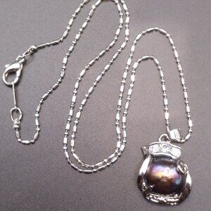 Vintage 18k GP Tahitian Black Pearl Pendant & 18k GP Necklace